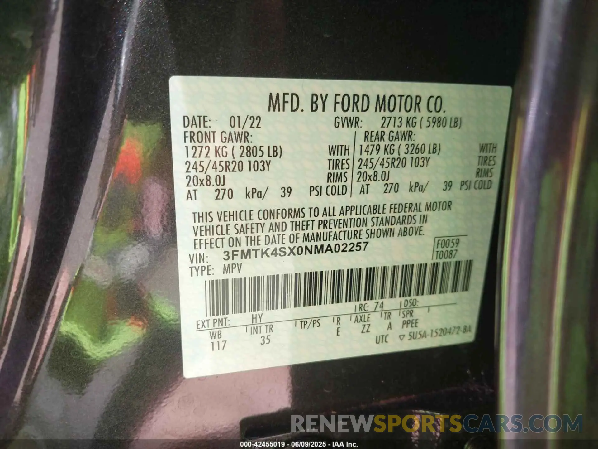 9 fotografías del automóvil dañado 3FMTK4SX0NMA02257 FORD MUSTANG MACH-E 2022