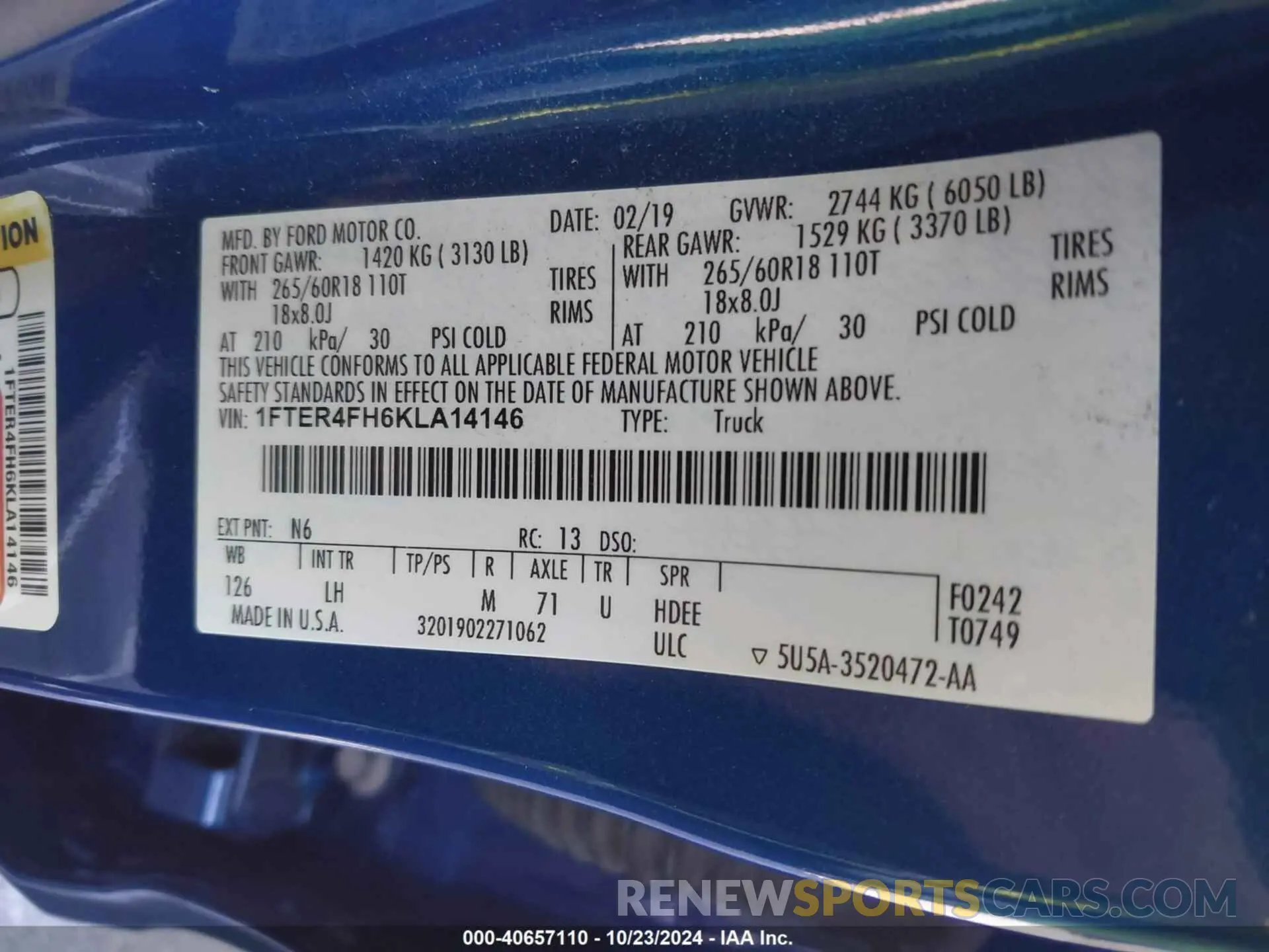9 fotografías del automóvil dañado 1FTER4FH6KLA14146 FORD RANGER 2019