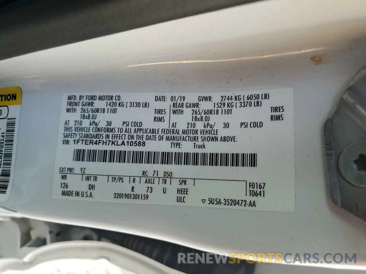 14 fotografías del automóvil dañado 1FTER4FH7KLA10588 FORD RANGER 2019