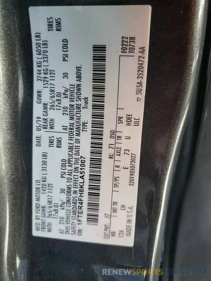 12 fotografías del automóvil dañado 1FTER4FH8KLA51067 FORD RANGER 2019