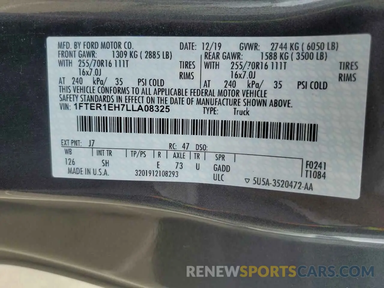12 fotografías del automóvil dañado 1FTER1EH7LLA08325 FORD RANGER 2020