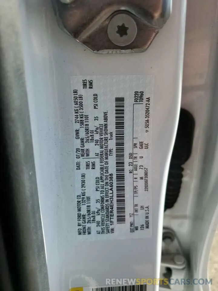 12 fotografías del automóvil dañado 1FTER4EH3LLA60388 FORD RANGER 2020