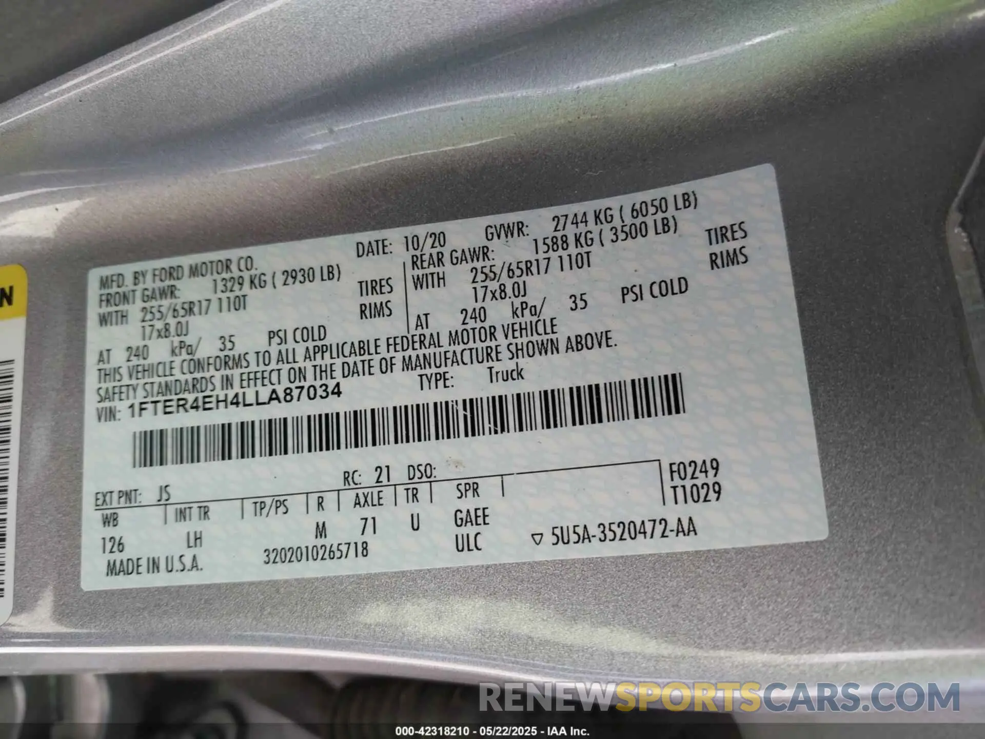 9 fotografías del automóvil dañado 1FTER4EH4LLA87034 FORD RANGER 2020