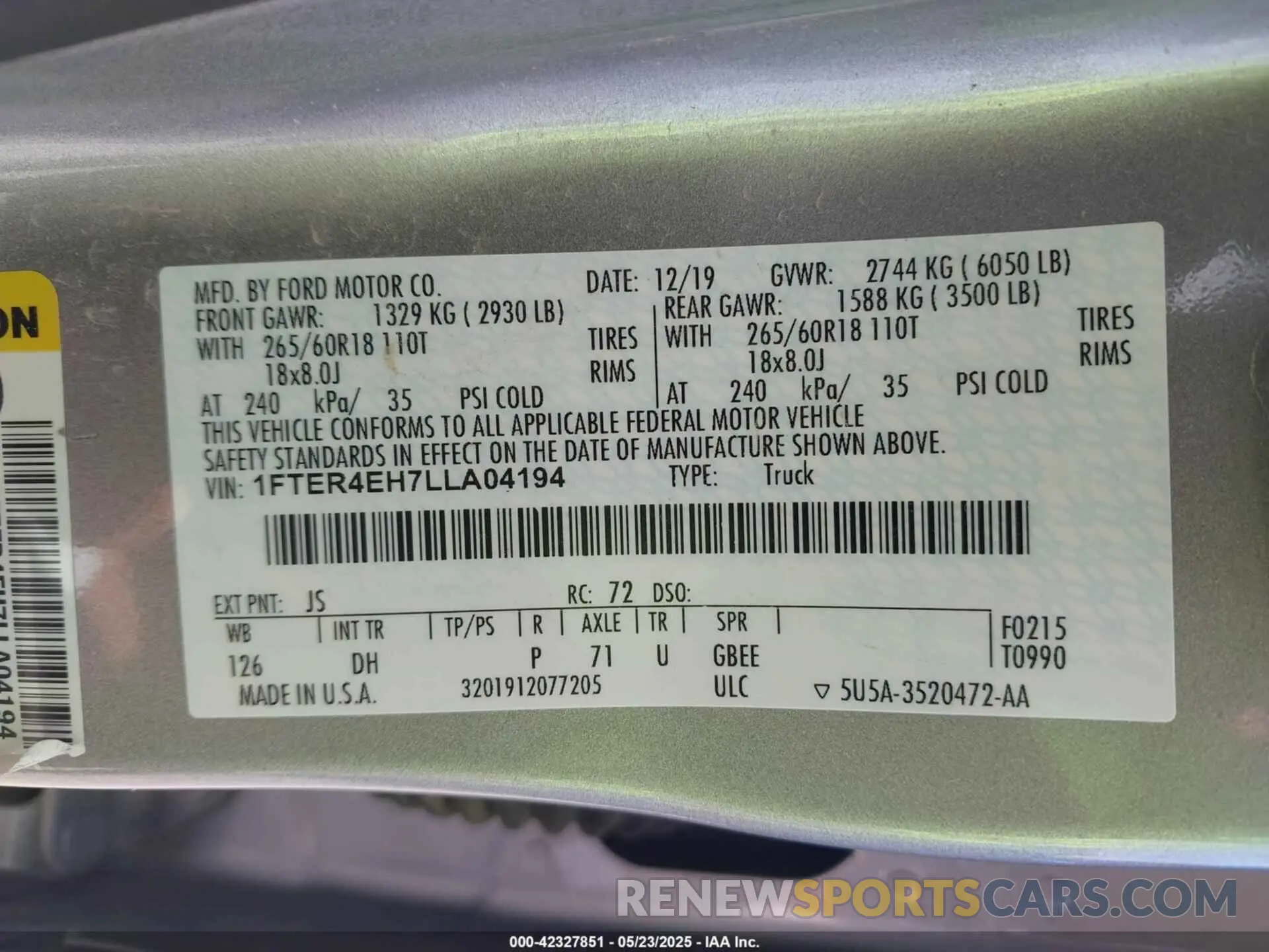 9 fotografías del automóvil dañado 1FTER4EH7LLA04194 FORD RANGER 2020
