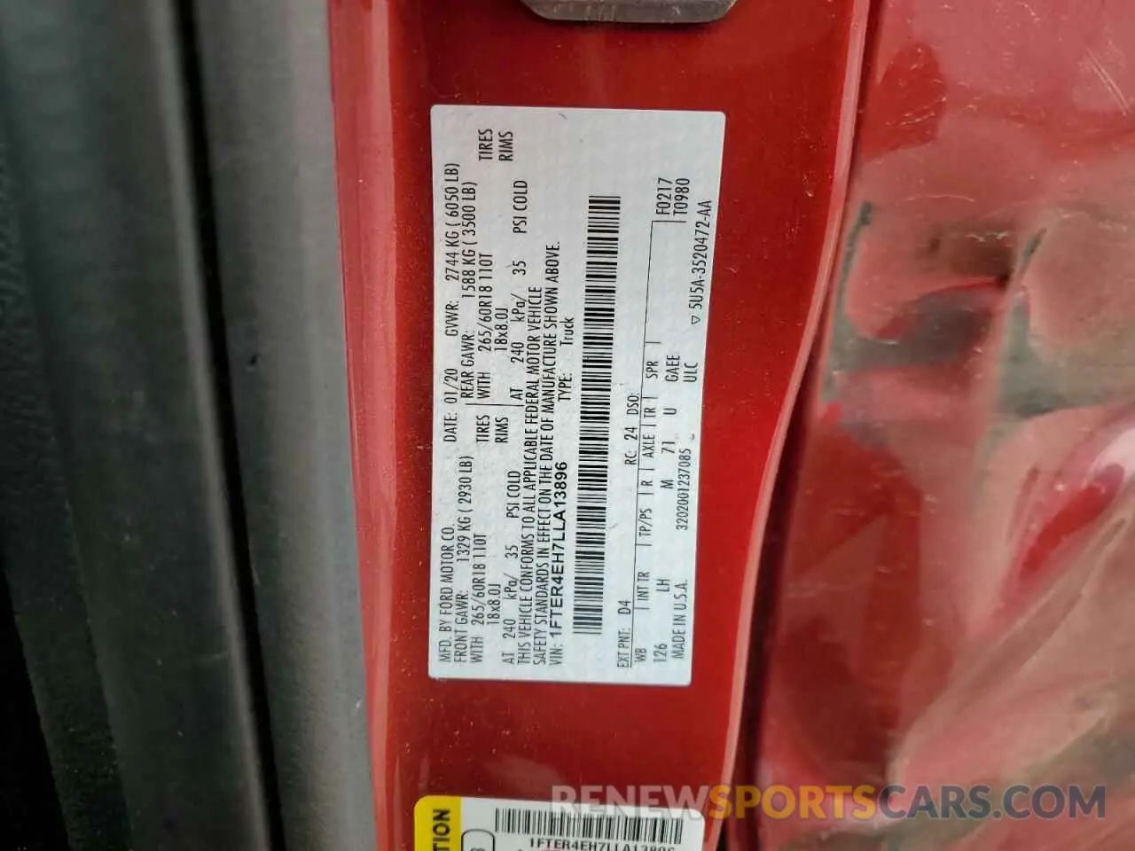 12 fotografías del automóvil dañado 1FTER4EH7LLA13896 FORD RANGER 2020