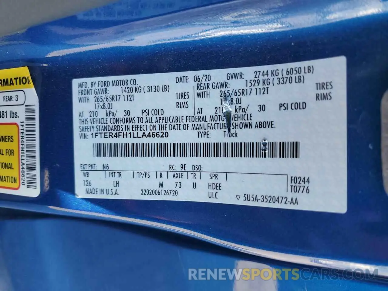 12 fotografías del automóvil dañado 1FTER4FH1LLA46620 FORD RANGER 2020