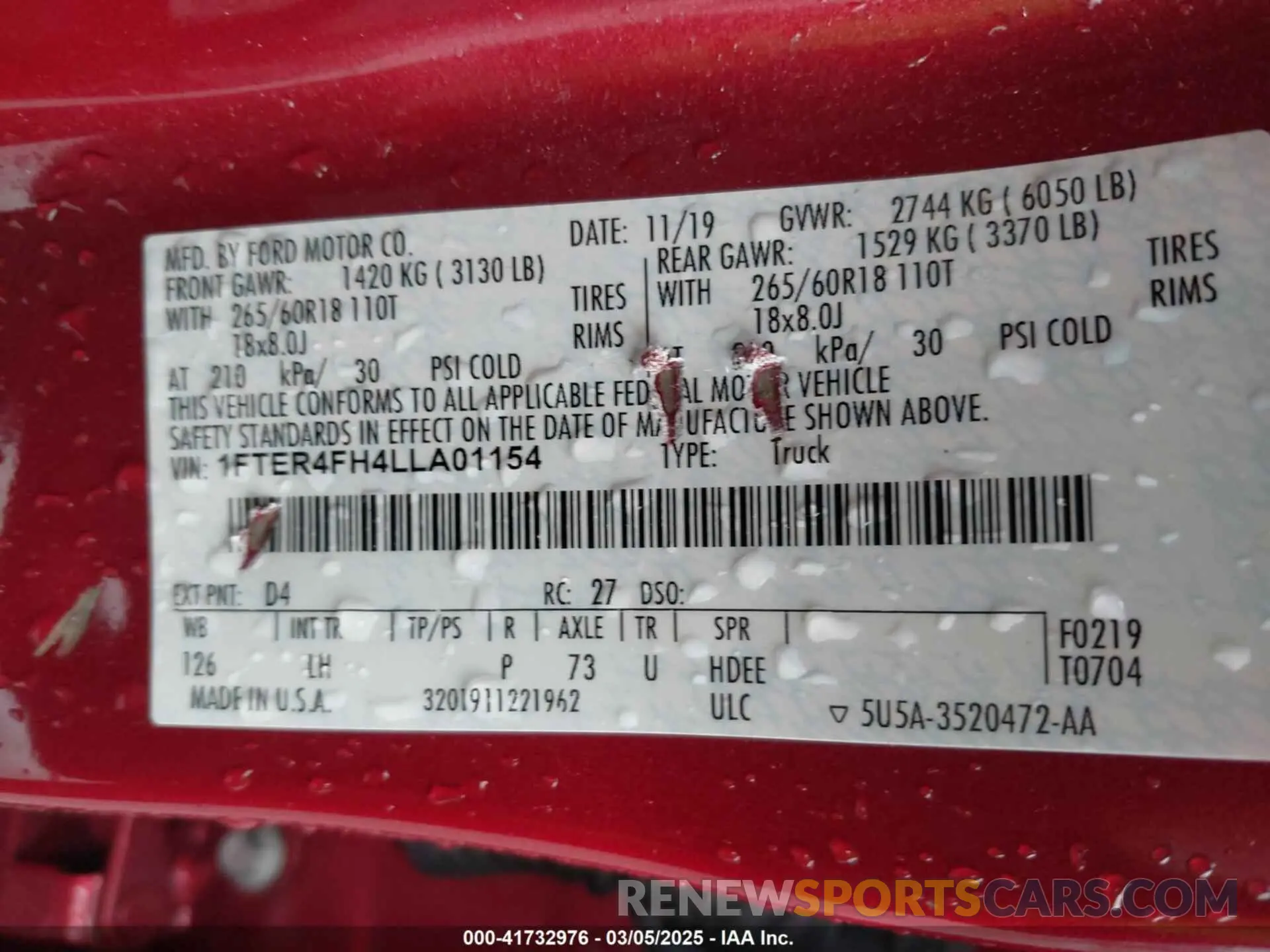 9 fotografías del automóvil dañado 1FTER4FH4LLA01154 FORD RANGER 2020