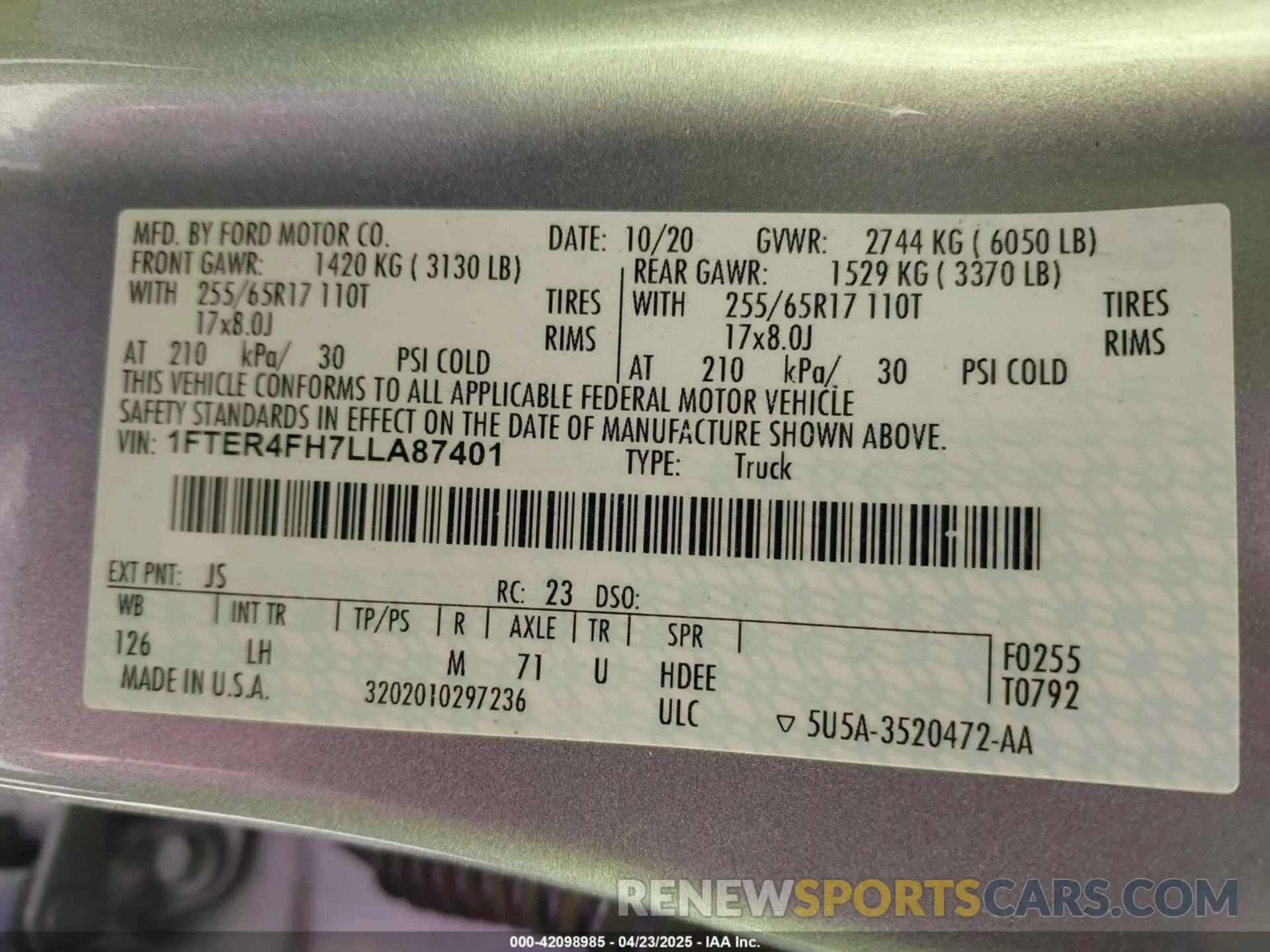 9 fotografías del automóvil dañado 1FTER4FH7LLA87401 FORD RANGER 2020