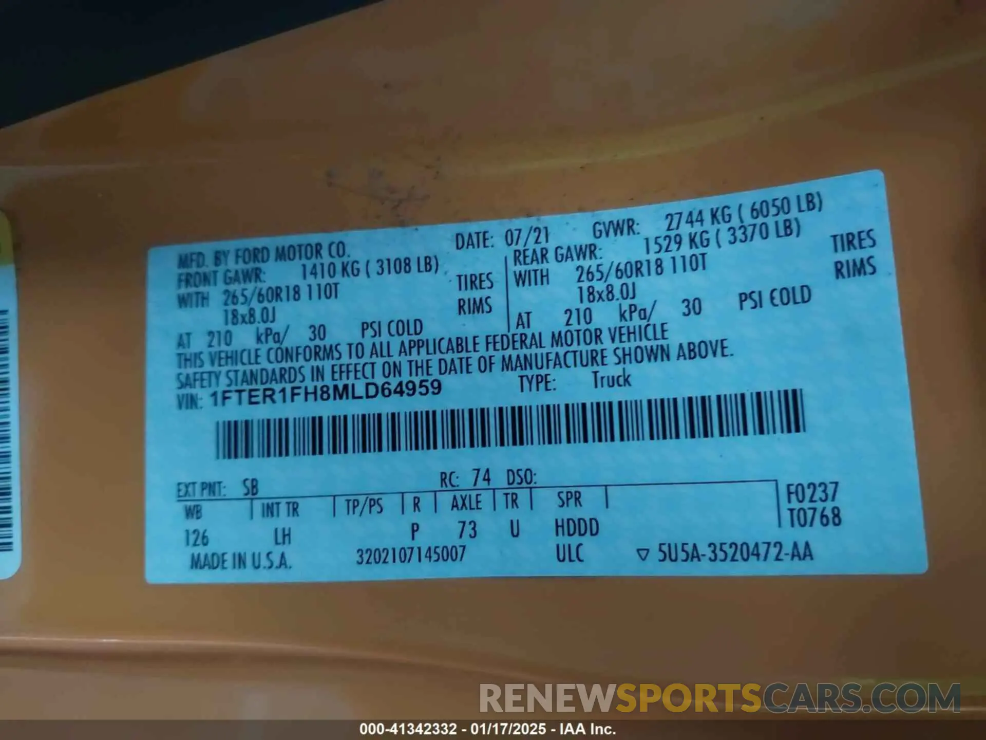 9 fotografías del automóvil dañado 1FTER1FH8MLD64959 FORD RANGER 2021