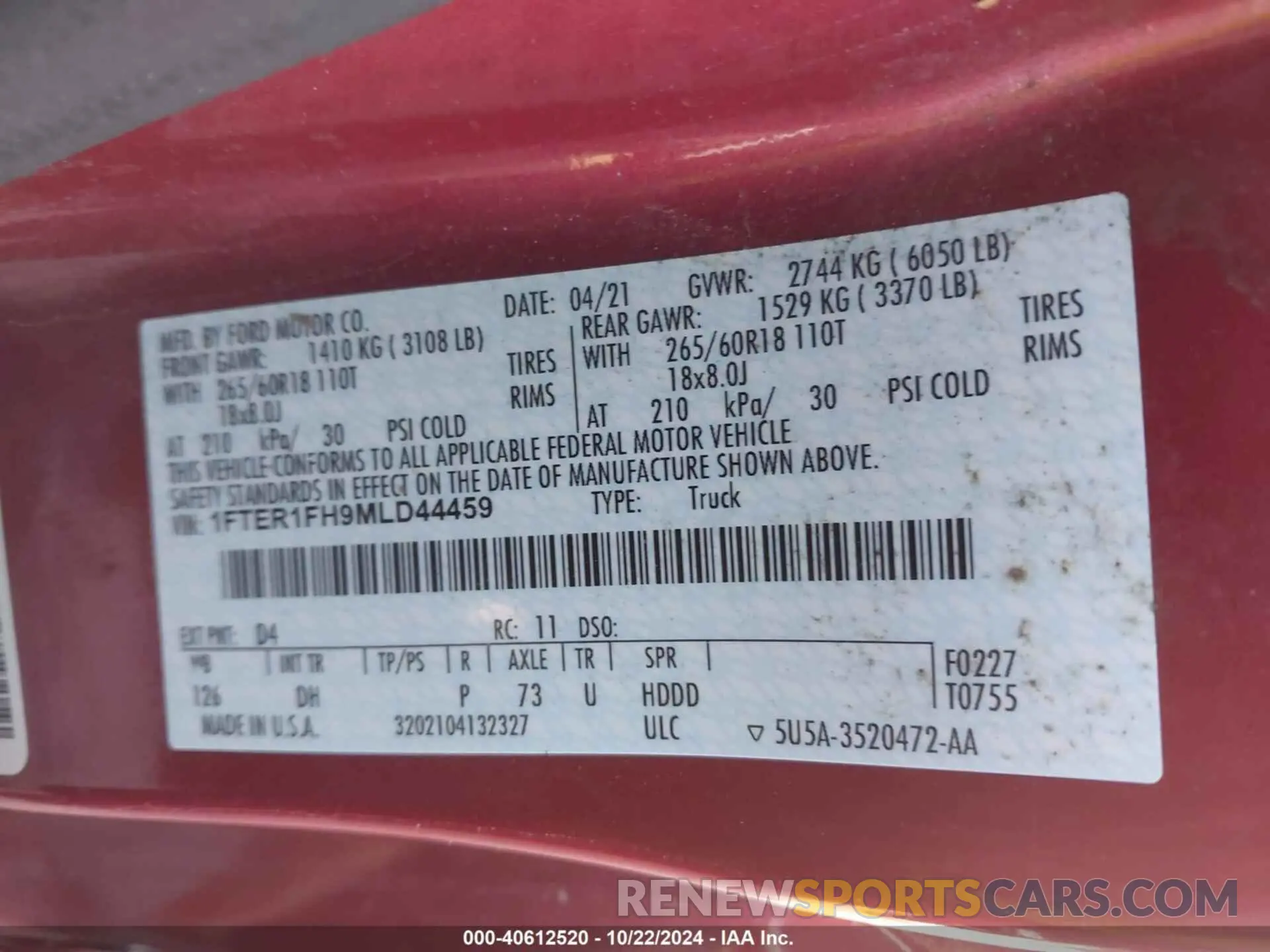 9 fotografías del automóvil dañado 1FTER1FH9MLD44459 FORD RANGER 2021