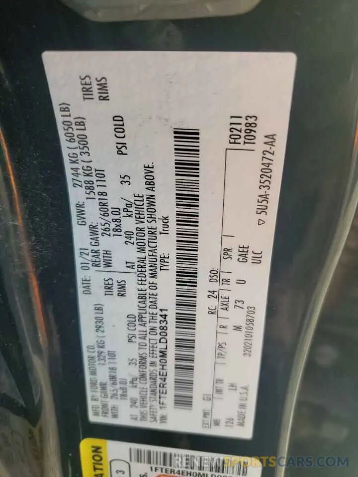12 fotografías del automóvil dañado 1FTER4EH0MLD08341 FORD RANGER 2021