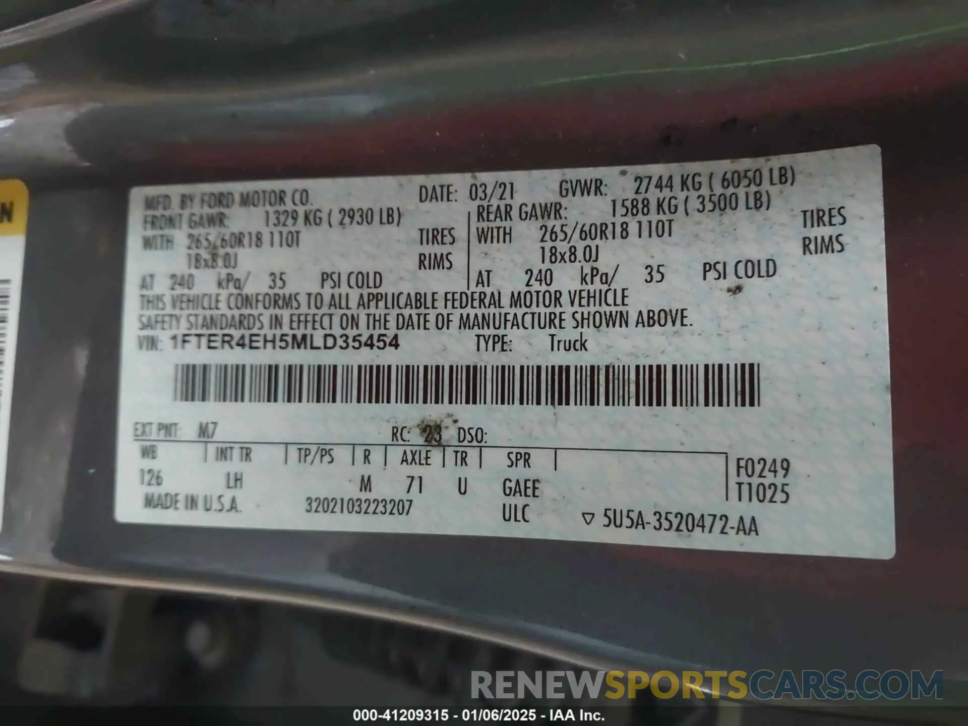 9 fotografías del automóvil dañado 1FTER4EH5MLD35454 FORD RANGER 2021