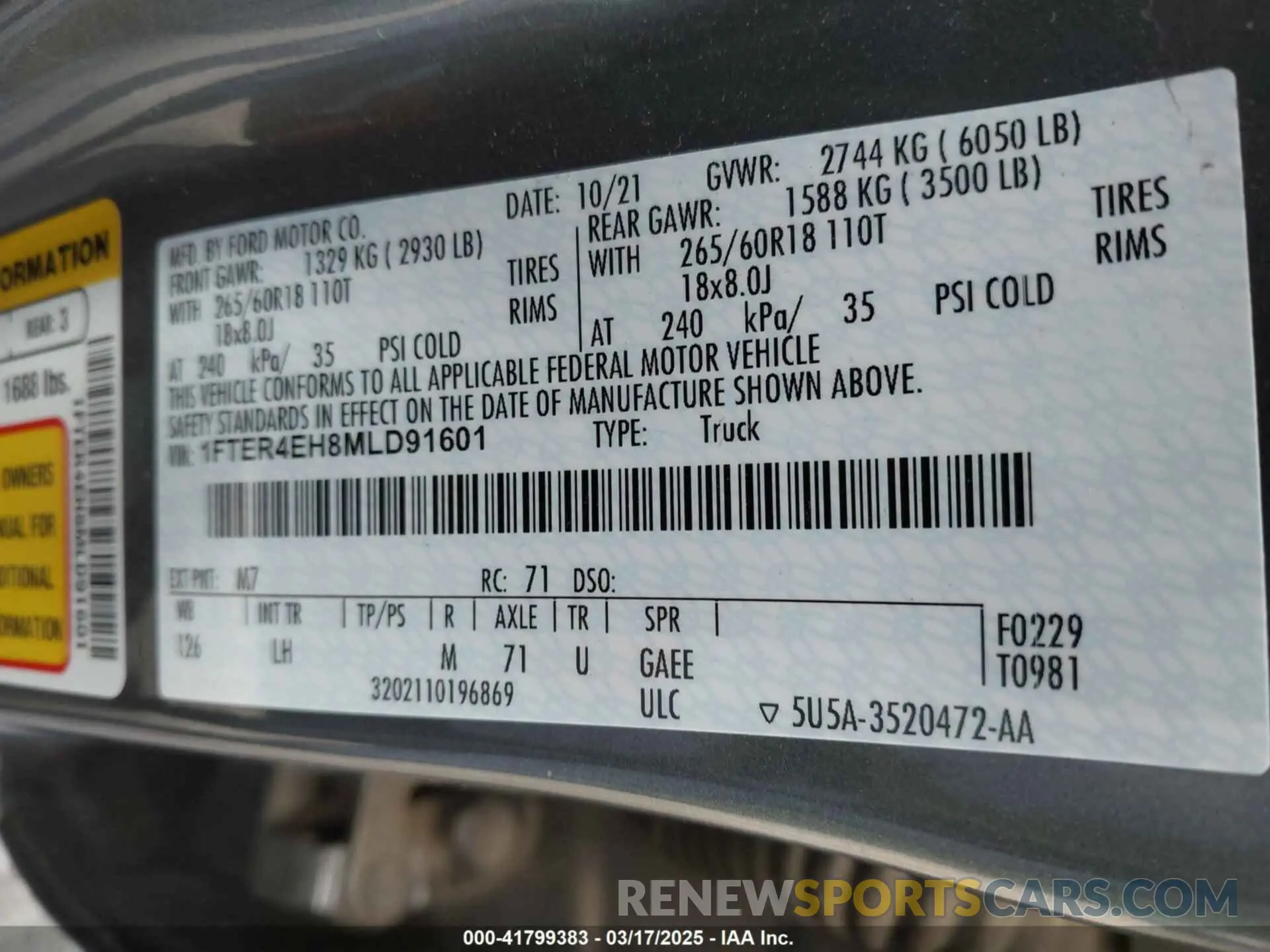 9 fotografías del automóvil dañado 1FTER4EH8MLD91601 FORD RANGER 2021