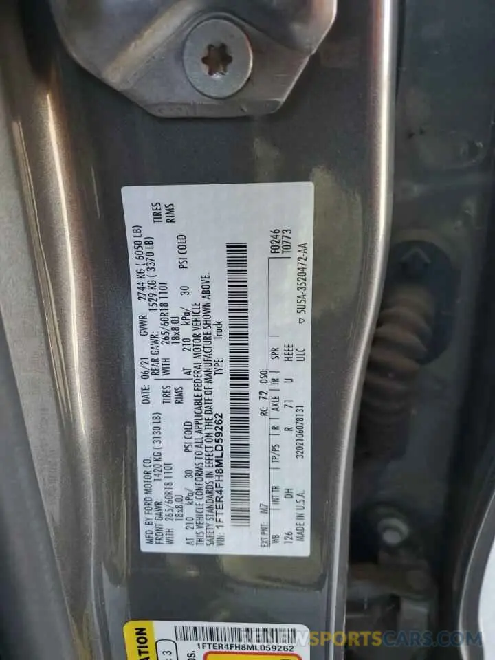 12 fotografías del automóvil dañado 1FTER4FH8MLD59262 FORD RANGER 2021