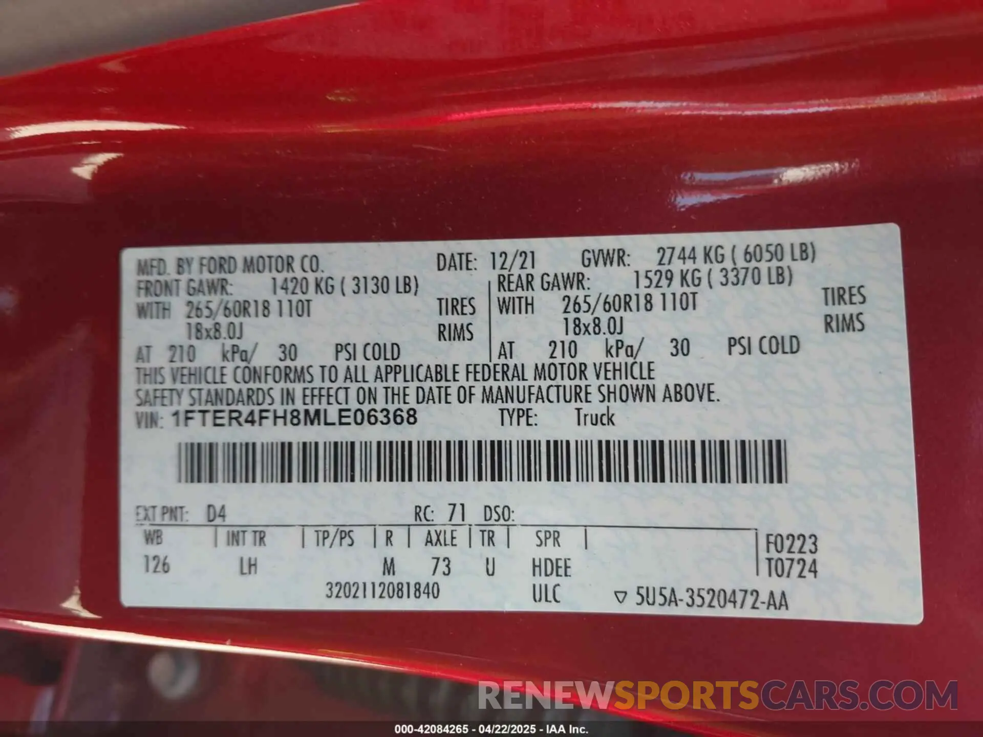 9 fotografías del automóvil dañado 1FTER4FH8MLE06368 FORD RANGER 2021