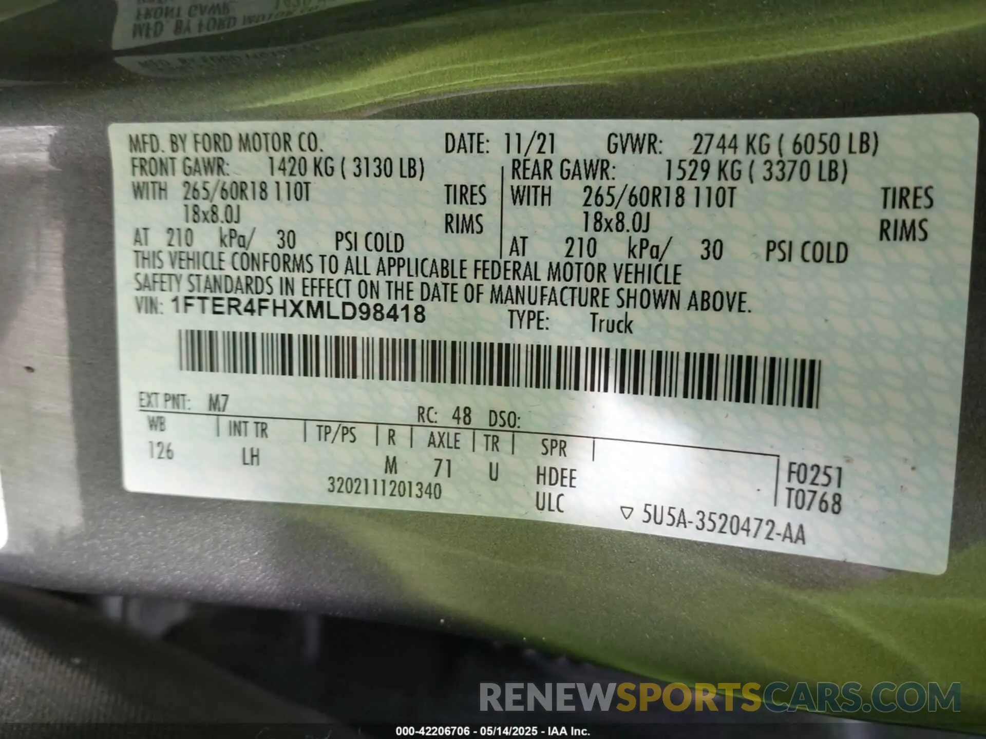 9 fotografías del automóvil dañado 1FTER4FHXMLD98418 FORD RANGER 2021