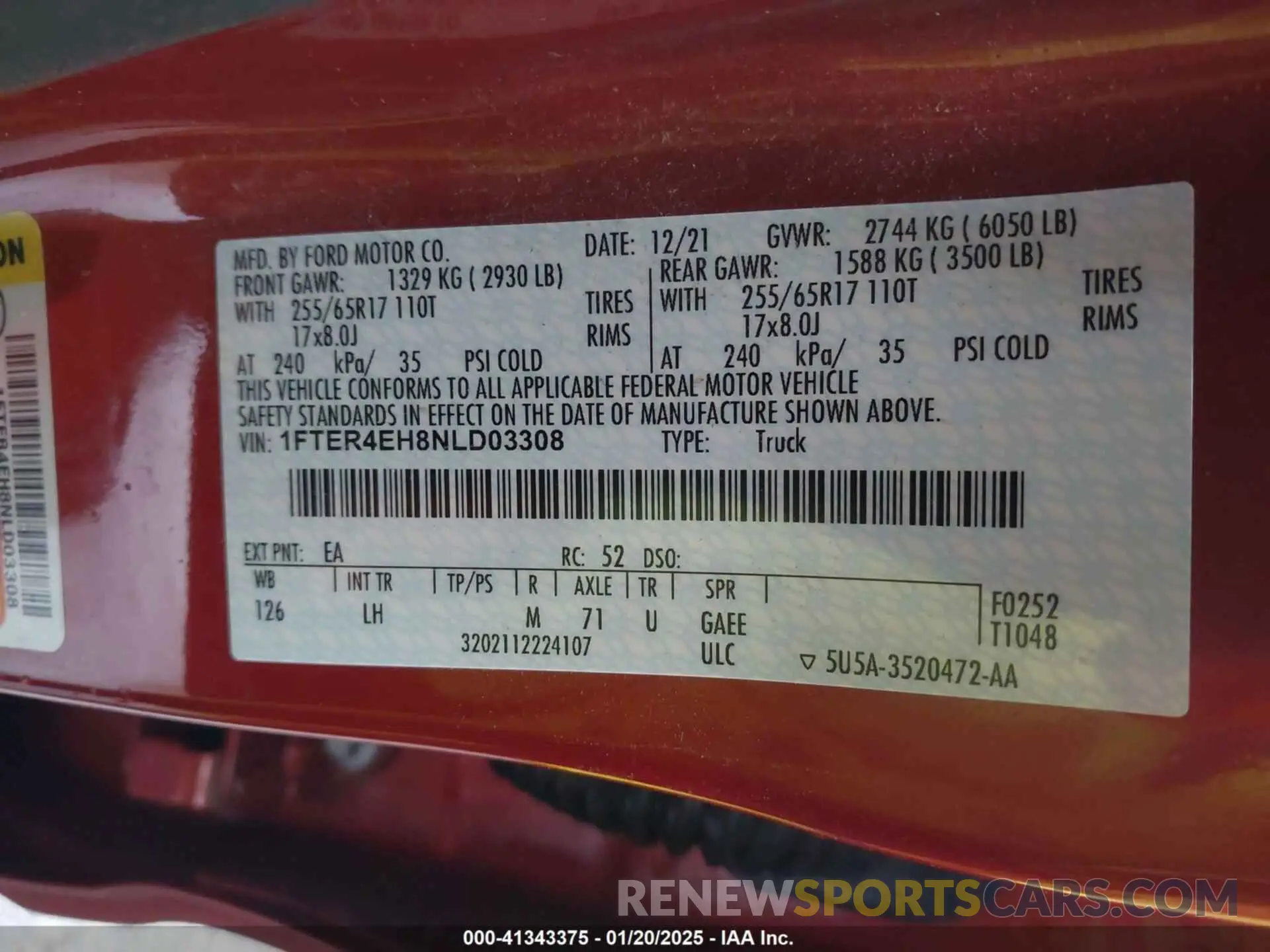 9 fotografías del automóvil dañado 1FTER4EH8NLD03308 FORD RANGER 2022