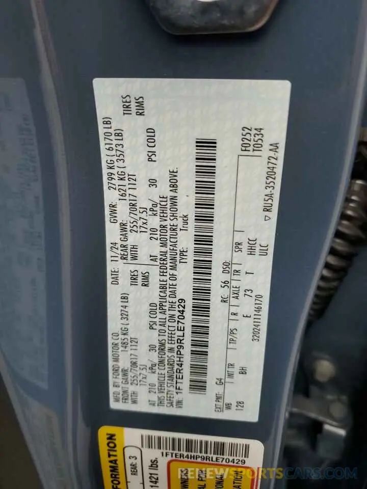12 fotografías del automóvil dañado 1FTER4HP9RLE70429 FORD RANGER 2024