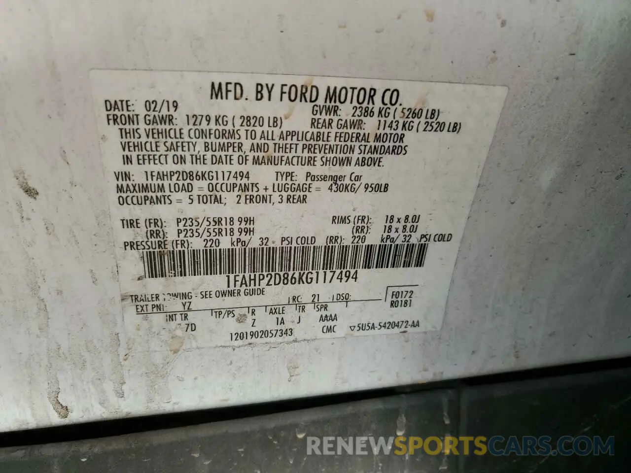 14 fotografías del automóvil dañado 1FAHP2D86KG117494 FORD TAURUS 2019