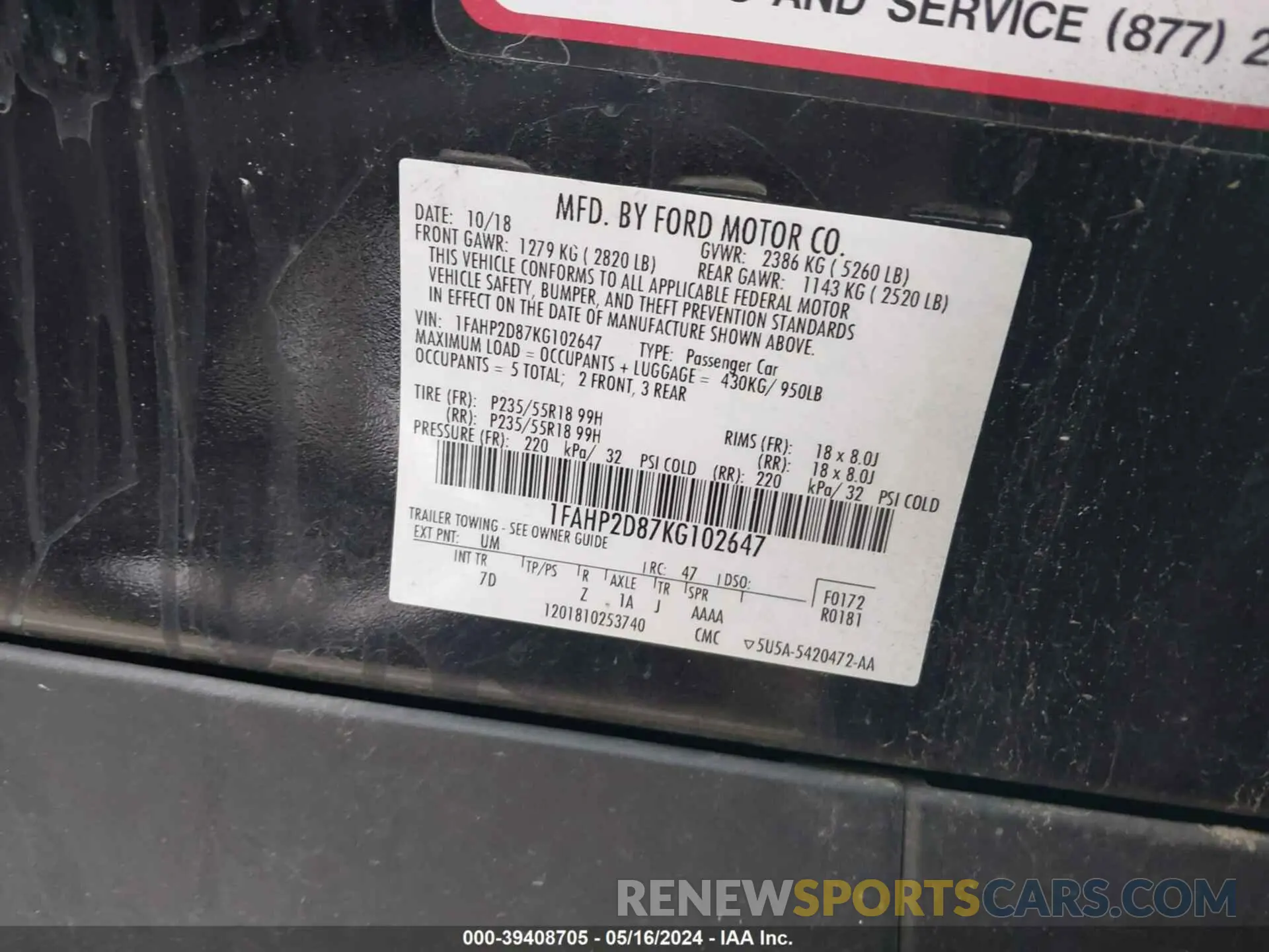 9 fotografías del automóvil dañado 1FAHP2D87KG102647 FORD TAURUS 2019