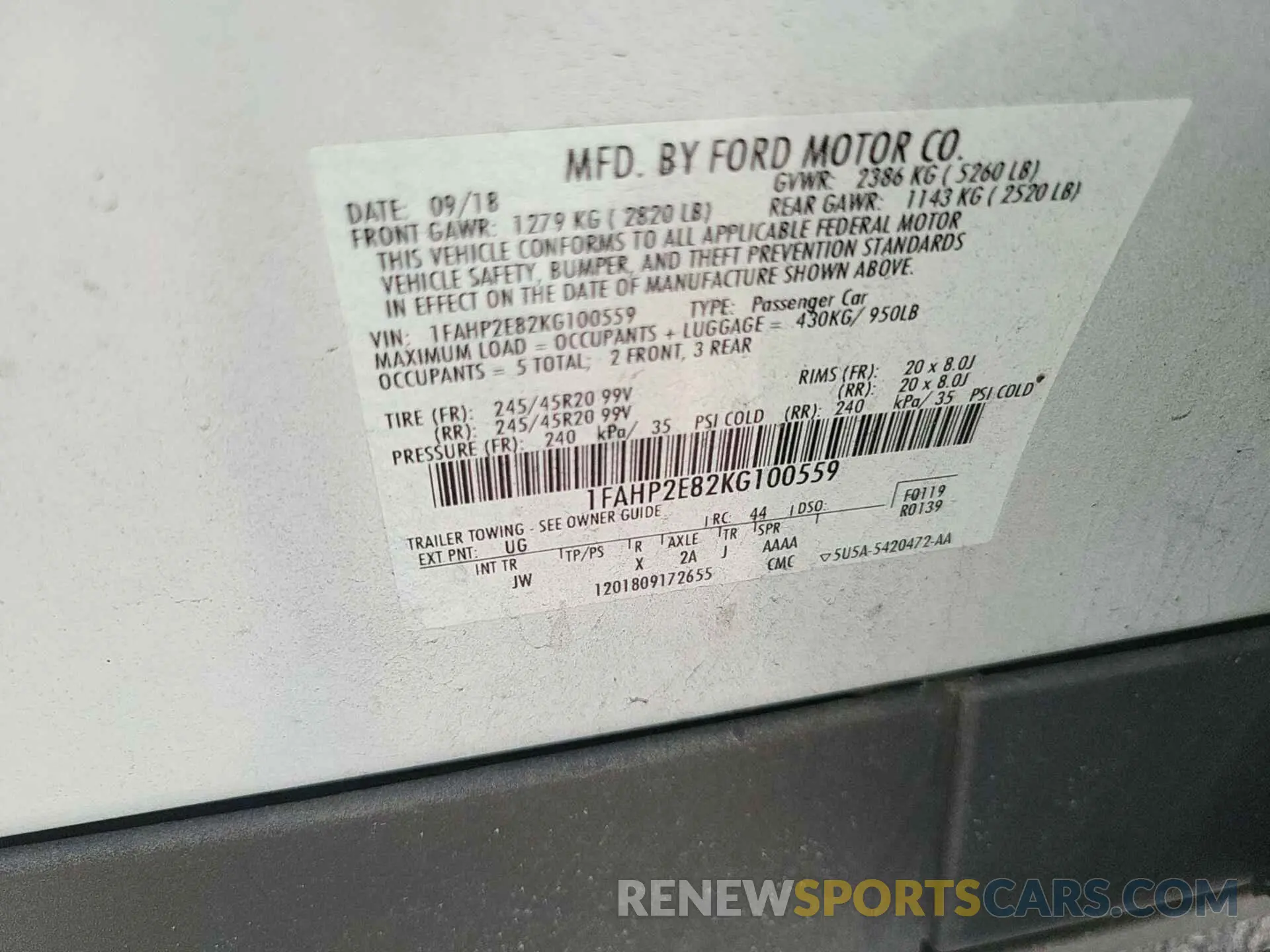 7 fotografías del automóvil dañado 1FAHP2E82KG100559 FORD TAURUS 2019