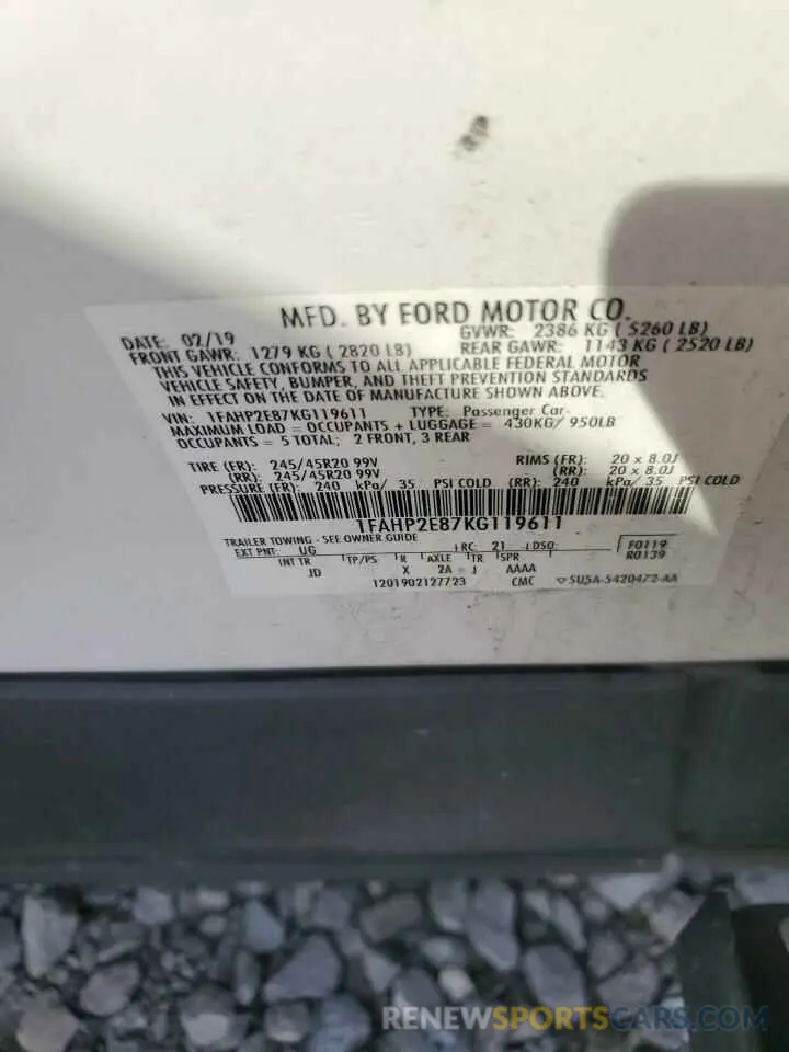 13 fotografías del automóvil dañado 1FAHP2E87KG119611 FORD TAURUS 2019
