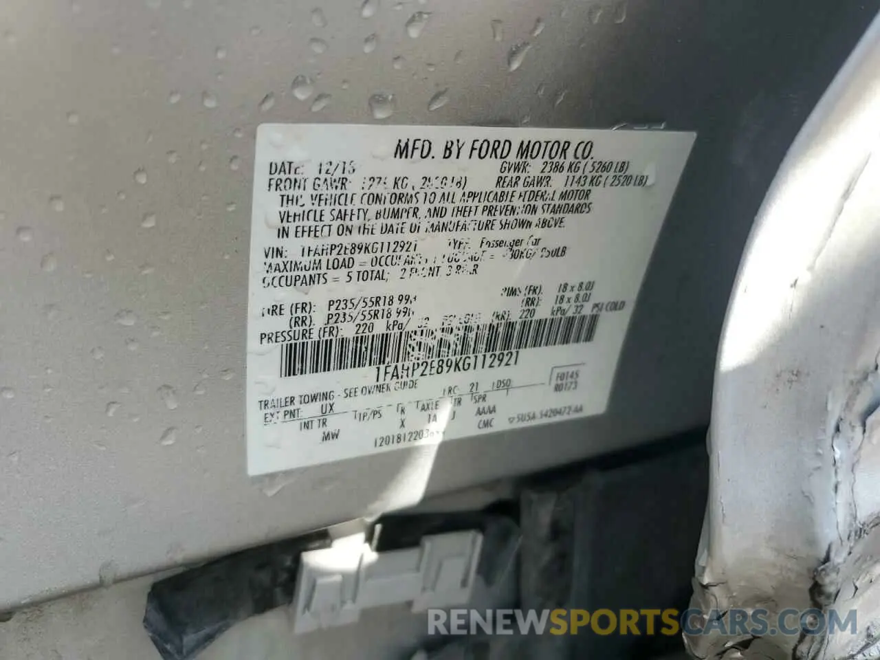 12 fotografías del automóvil dañado 1FAHP2E89KG112921 FORD TAURUS 2019