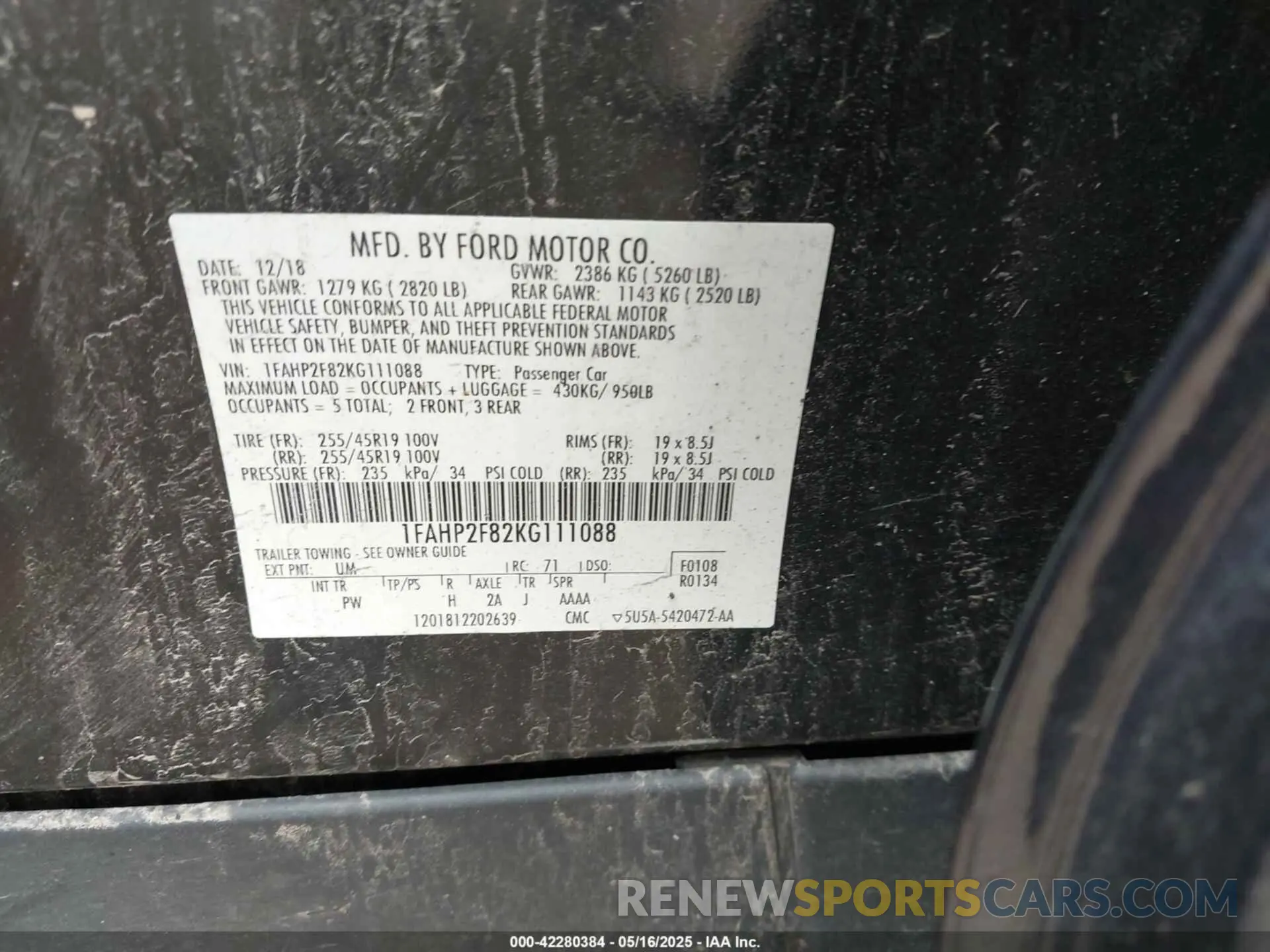 9 fotografías del automóvil dañado 1FAHP2F82KG111088 FORD TAURUS 2019