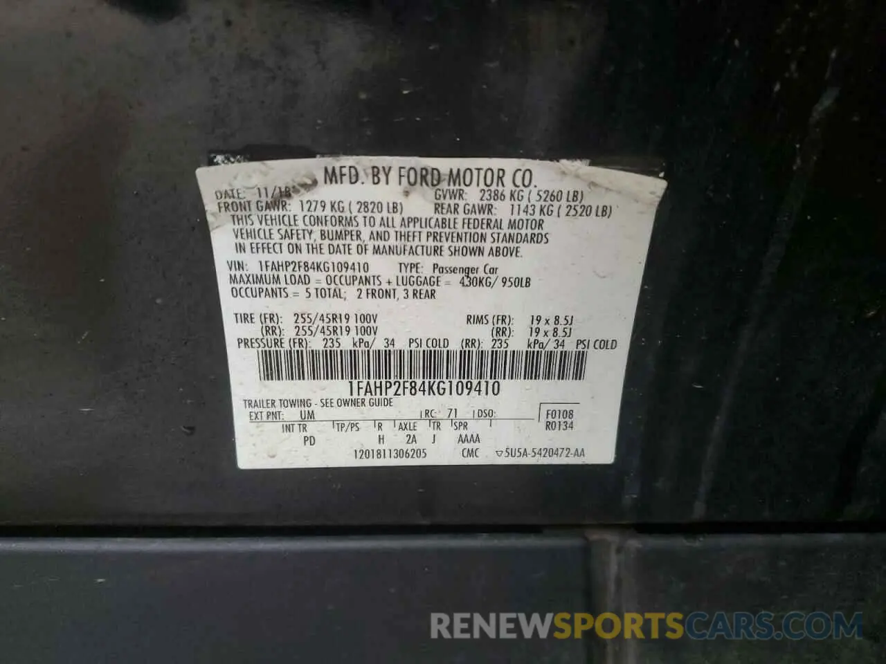 12 fotografías del automóvil dañado 1FAHP2F84KG109410 FORD TAURUS 2019