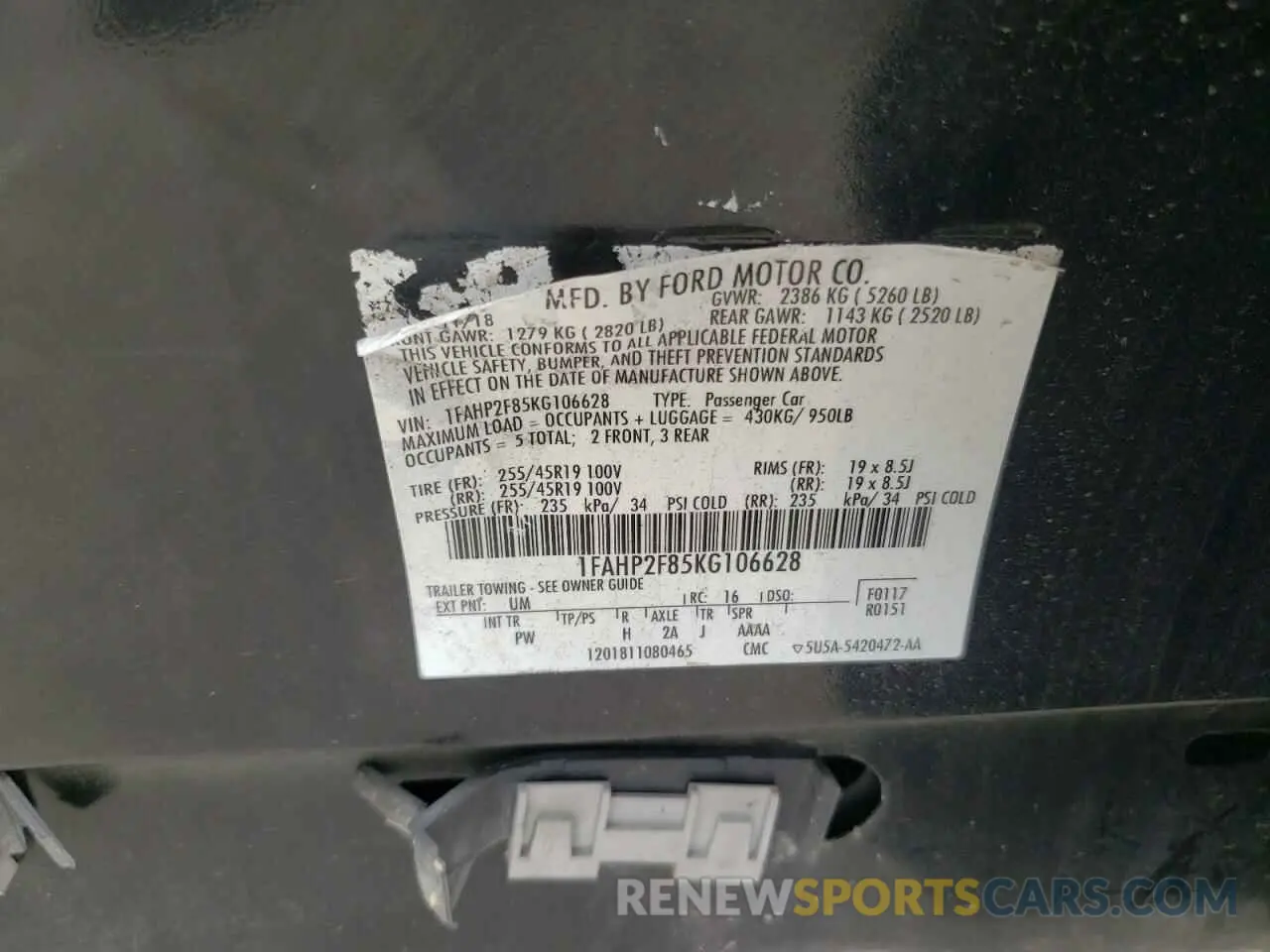 12 fotografías del automóvil dañado 1FAHP2F85KG106628 FORD TAURUS 2019