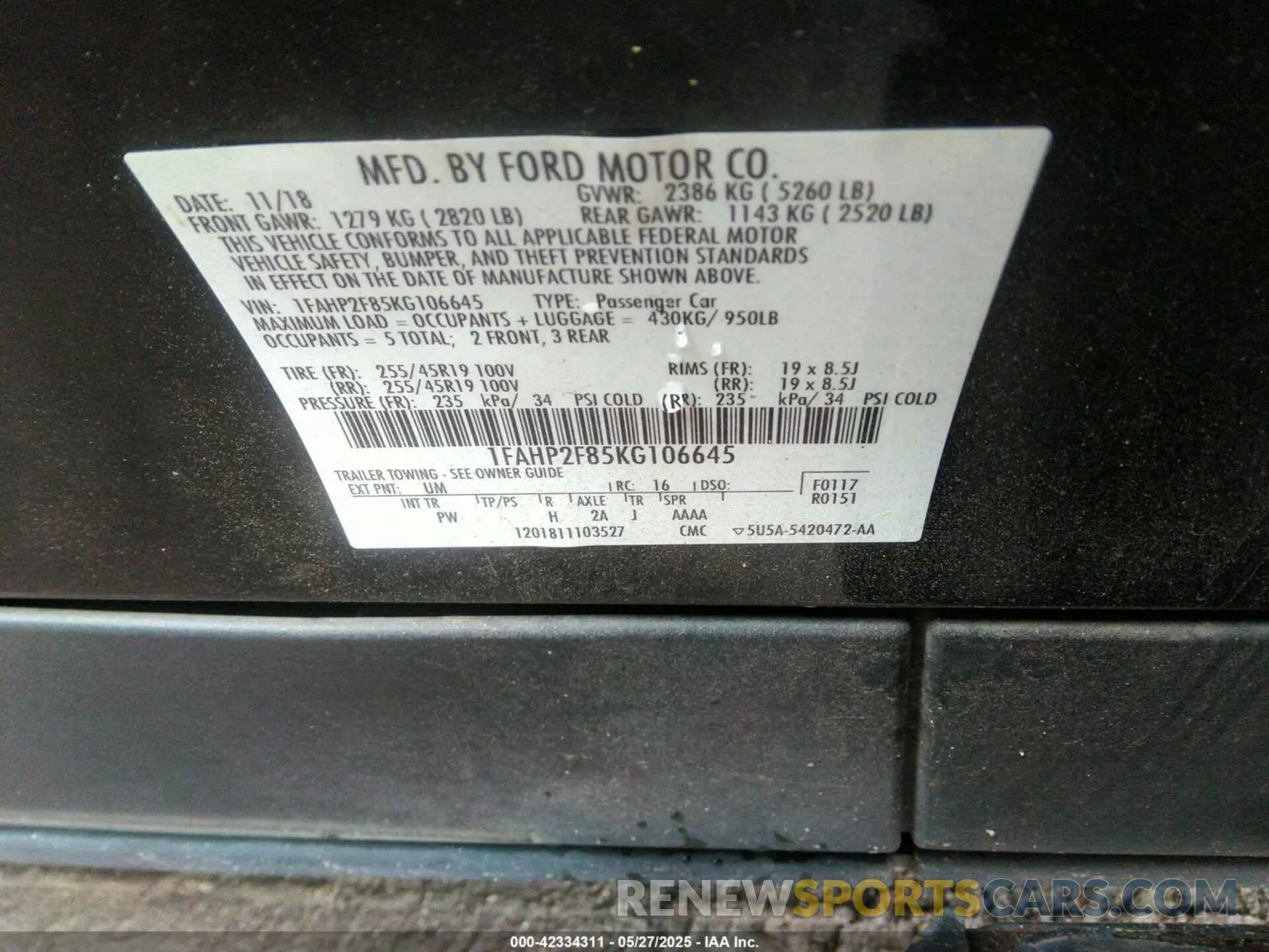 9 fotografías del automóvil dañado 1FAHP2F85KG106645 FORD TAURUS 2019
