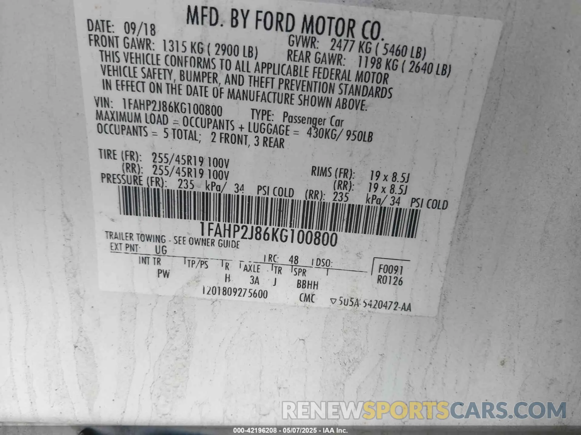 9 fotografías del automóvil dañado 1FAHP2J86KG100800 FORD TAURUS 2019
