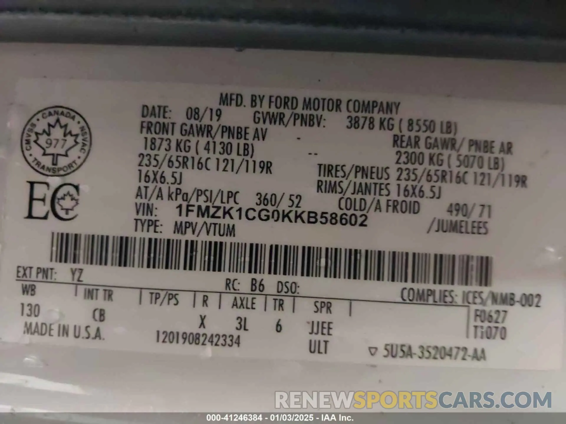 9 fotografías del automóvil dañado 1FMZK1CG0KKB58602 FORD TRANSIT-150 2019
