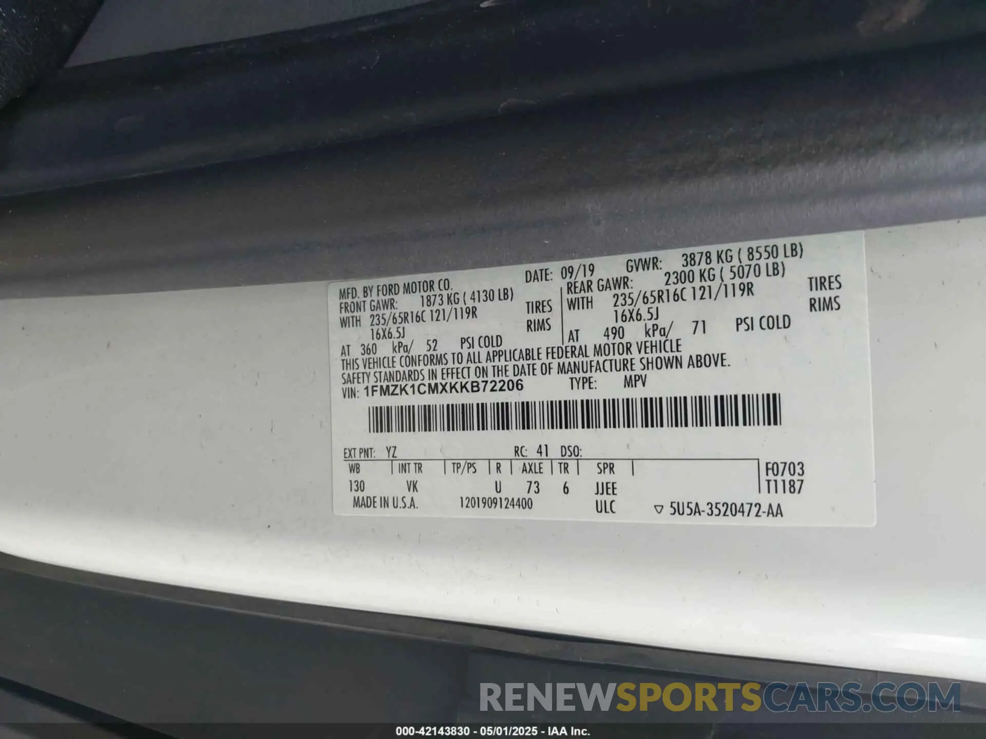 9 fotografías del automóvil dañado 1FMZK1CMXKKB72206 FORD TRANSIT-150 2019