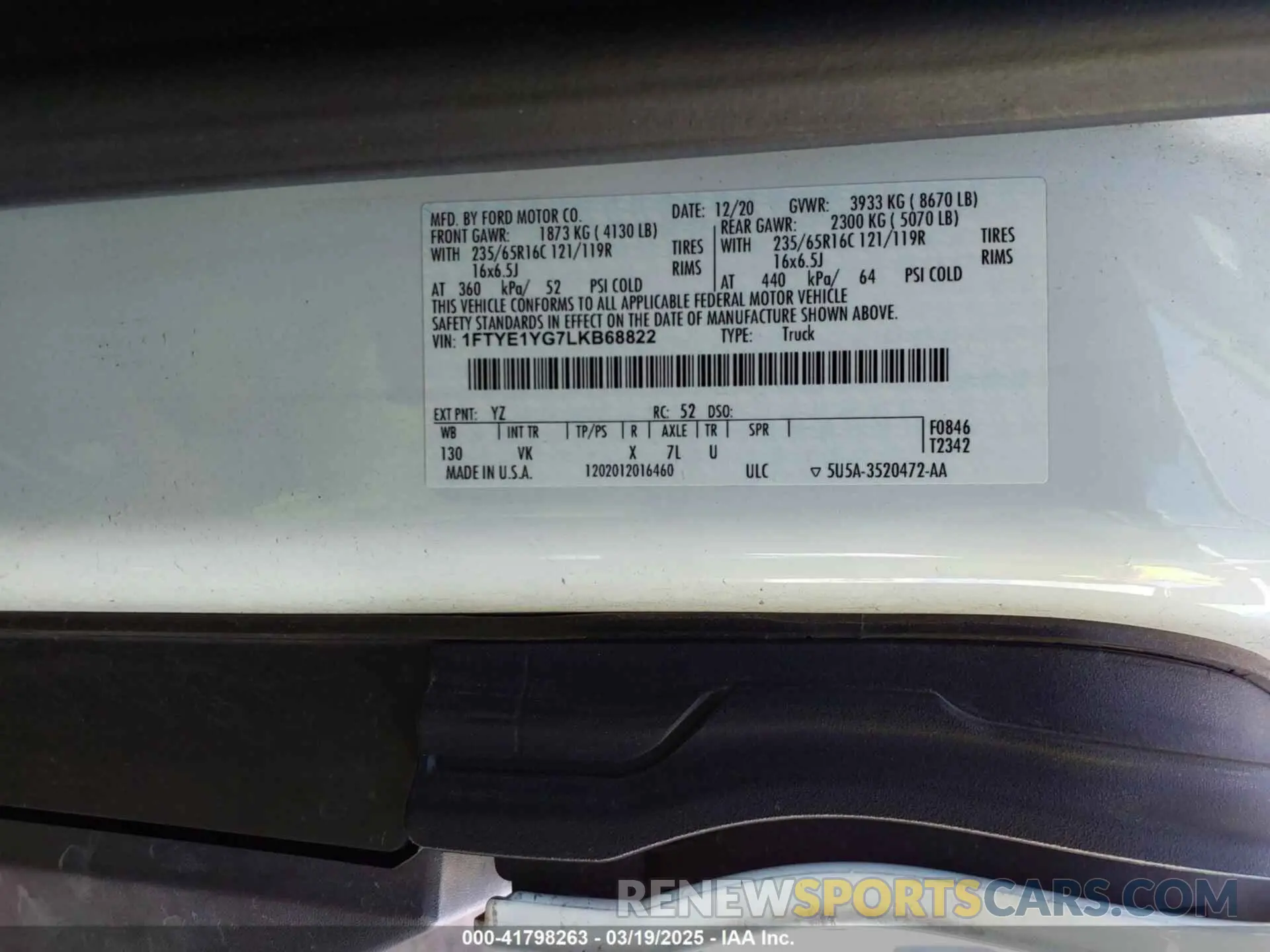 9 fotografías del automóvil dañado 1FTYE1YG7LKB68822 FORD TRANSIT-150 2020