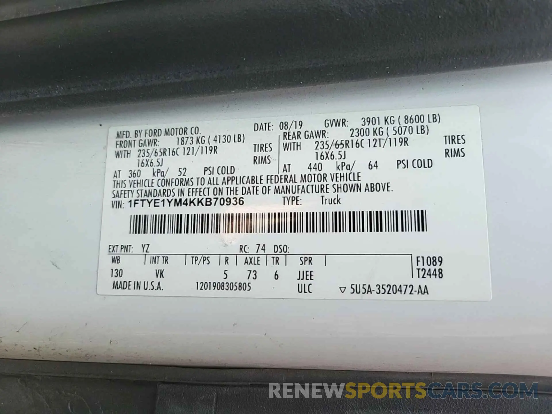 23 fotografías del automóvil dañado 1FTYE1YM4KKB70936 FORD TRANSIT 2019