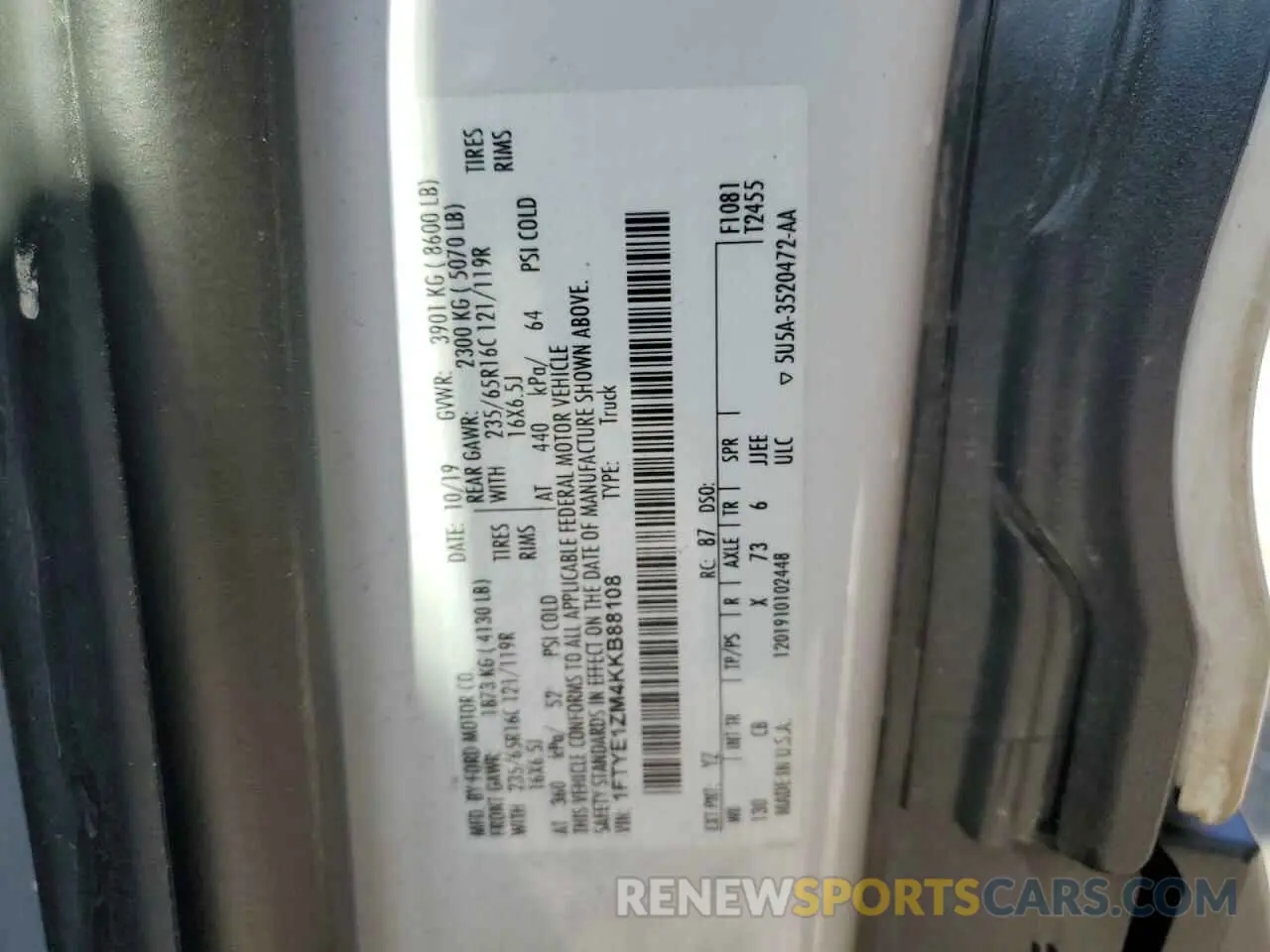 12 fotografías del automóvil dañado 1FTYE1ZM4KKB88108 FORD TRANSIT 2019