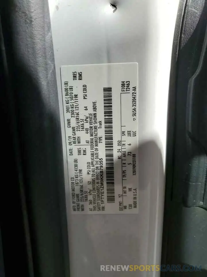 14 fotografías del automóvil dañado 1FTYE1ZM9KKB79355 FORD TRANSIT 2019
