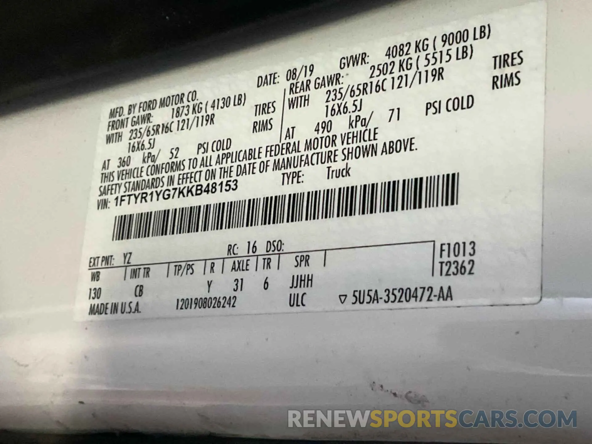 8 fotografías del automóvil dañado 1FTYR1YG7KKB48153 FORD TRANSIT 2019