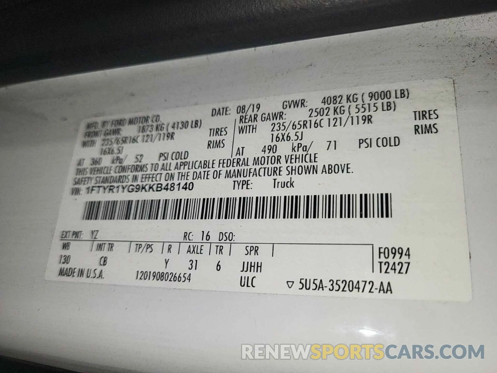 17 fotografías del automóvil dañado 1FTYR1YG9KKB48140 FORD TRANSIT 2019