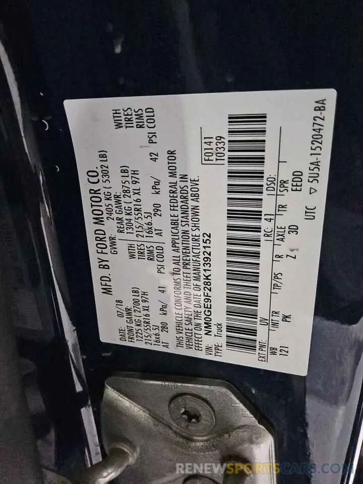 13 fotografías del automóvil dañado NM0GE9F28K1392152 FORD TRANSIT 2019