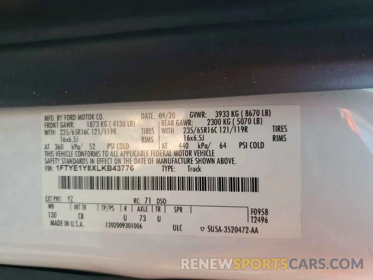 14 fotografías del automóvil dañado 1FTYE1Y8XLKB43776 FORD TRANSIT 2020