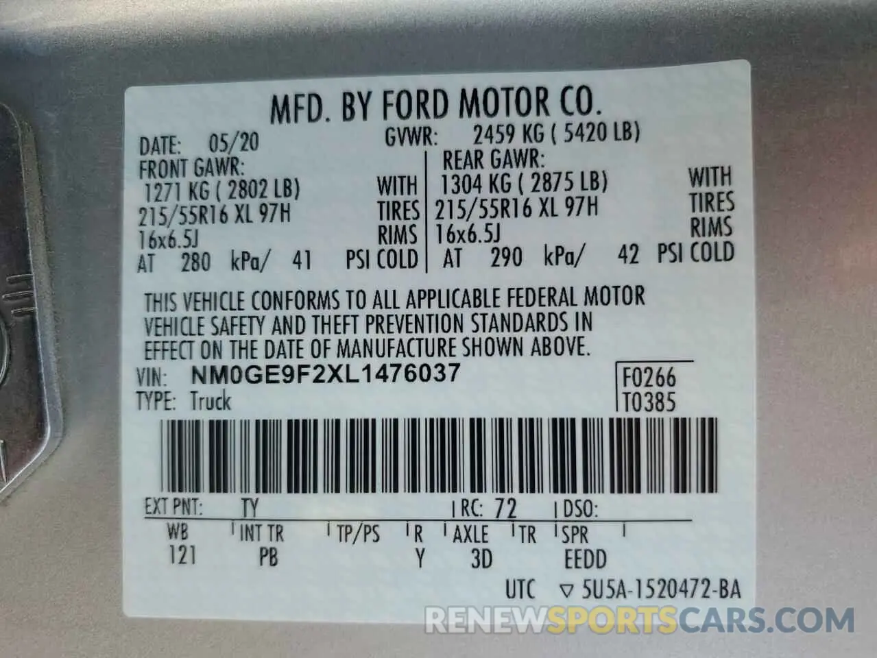 14 fotografías del automóvil dañado NM0GE9F2XL1476037 FORD TRANSIT 2020