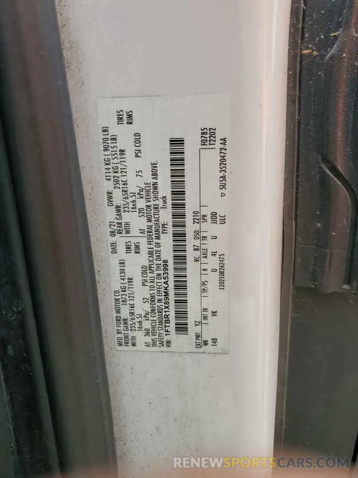 13 fotografías del automóvil dañado 1FTBR1X89MKA53998 FORD TRANSIT 2021