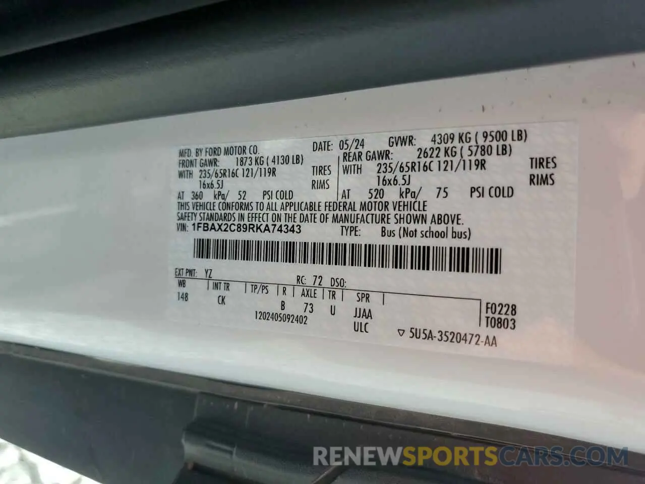 14 fotografías del automóvil dañado 1FBAX2C89RKA74343 FORD TRANSIT 2024
