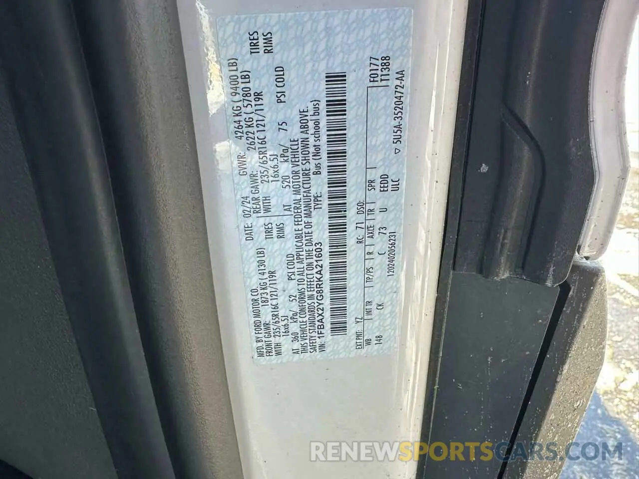 10 fotografías del automóvil dañado 1FBAX2YG8RKA21603 FORD TRANSIT 2024