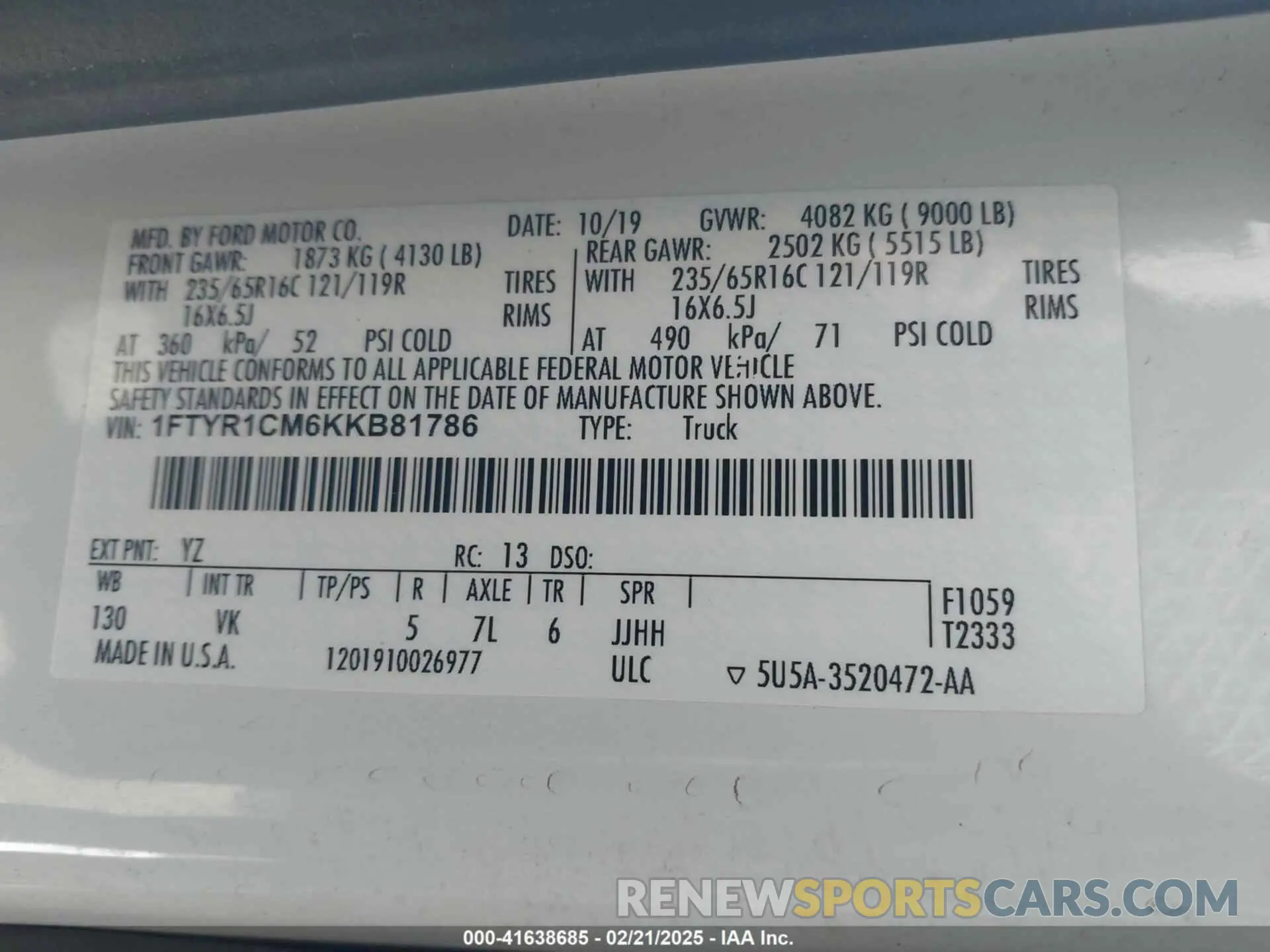 9 fotografías del automóvil dañado 1FTYR1CM6KKB81786 FORD TRANSIT-250 2019