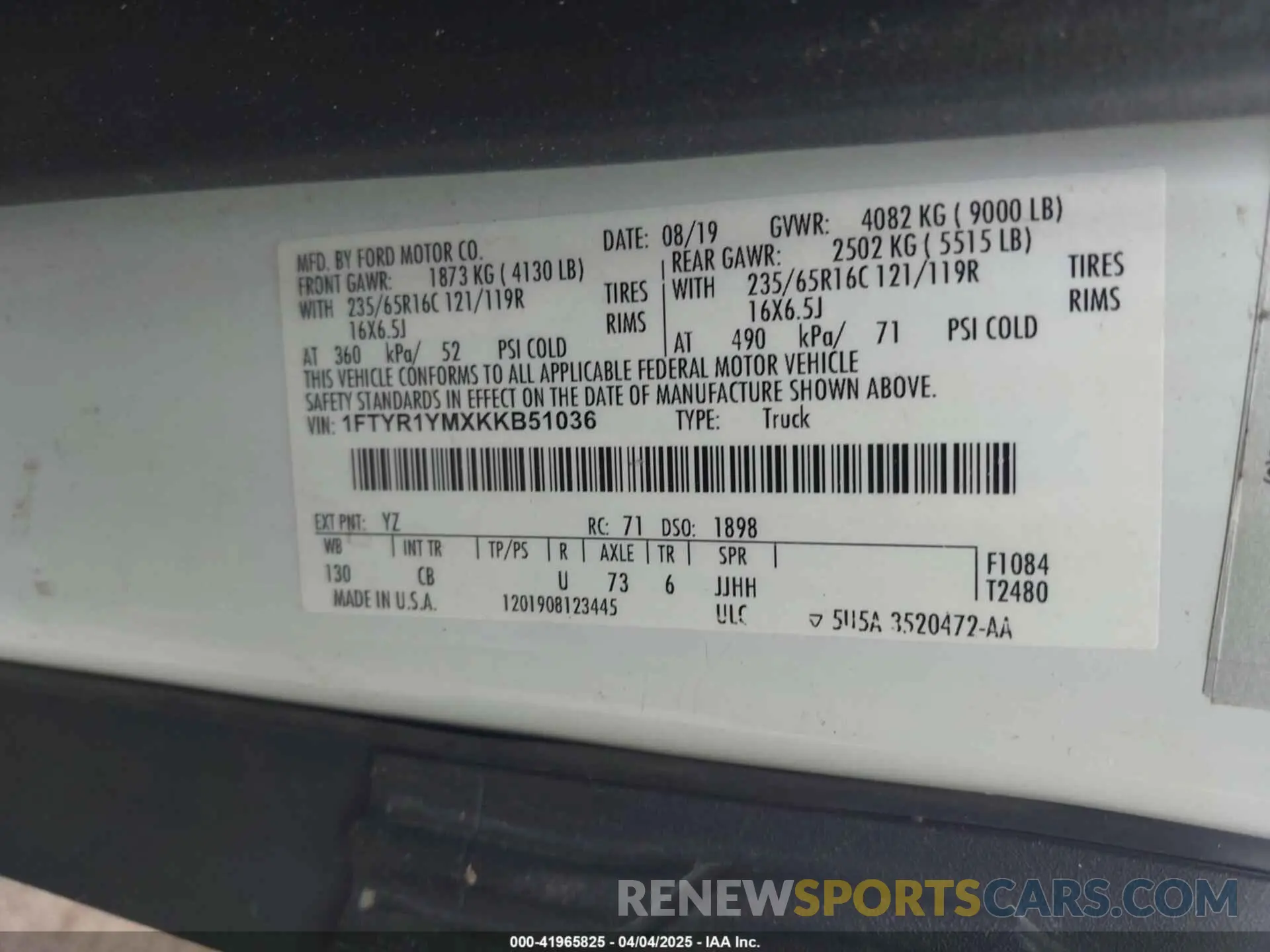 9 fotografías del automóvil dañado 1FTYR1YMXKKB51036 FORD TRANSIT-250 2019