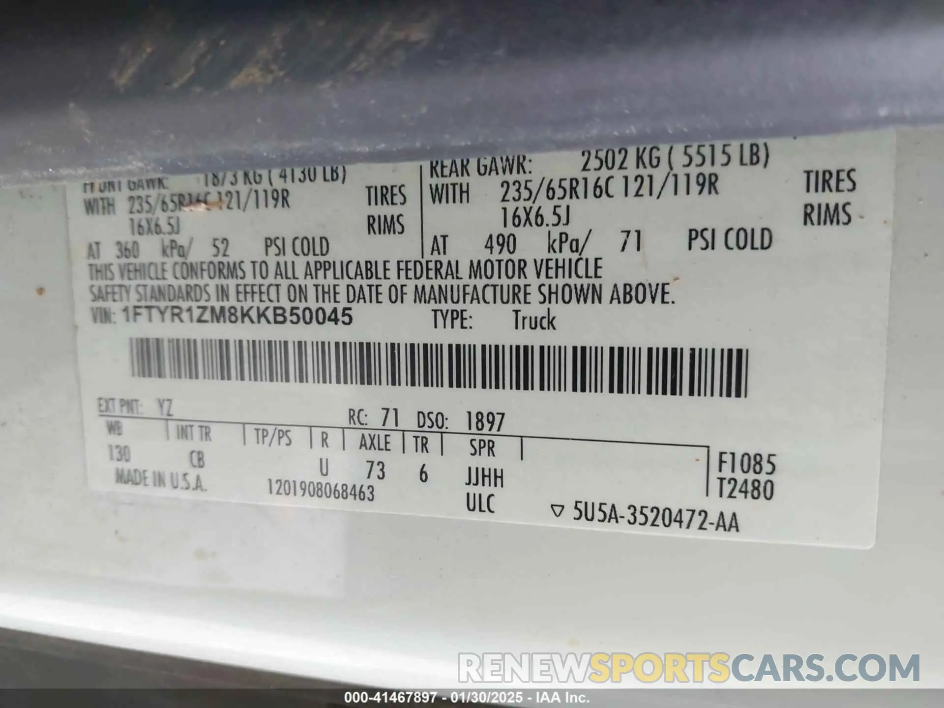 9 fotografías del automóvil dañado 1FTYR1ZM8KKB50045 FORD TRANSIT-250 2019