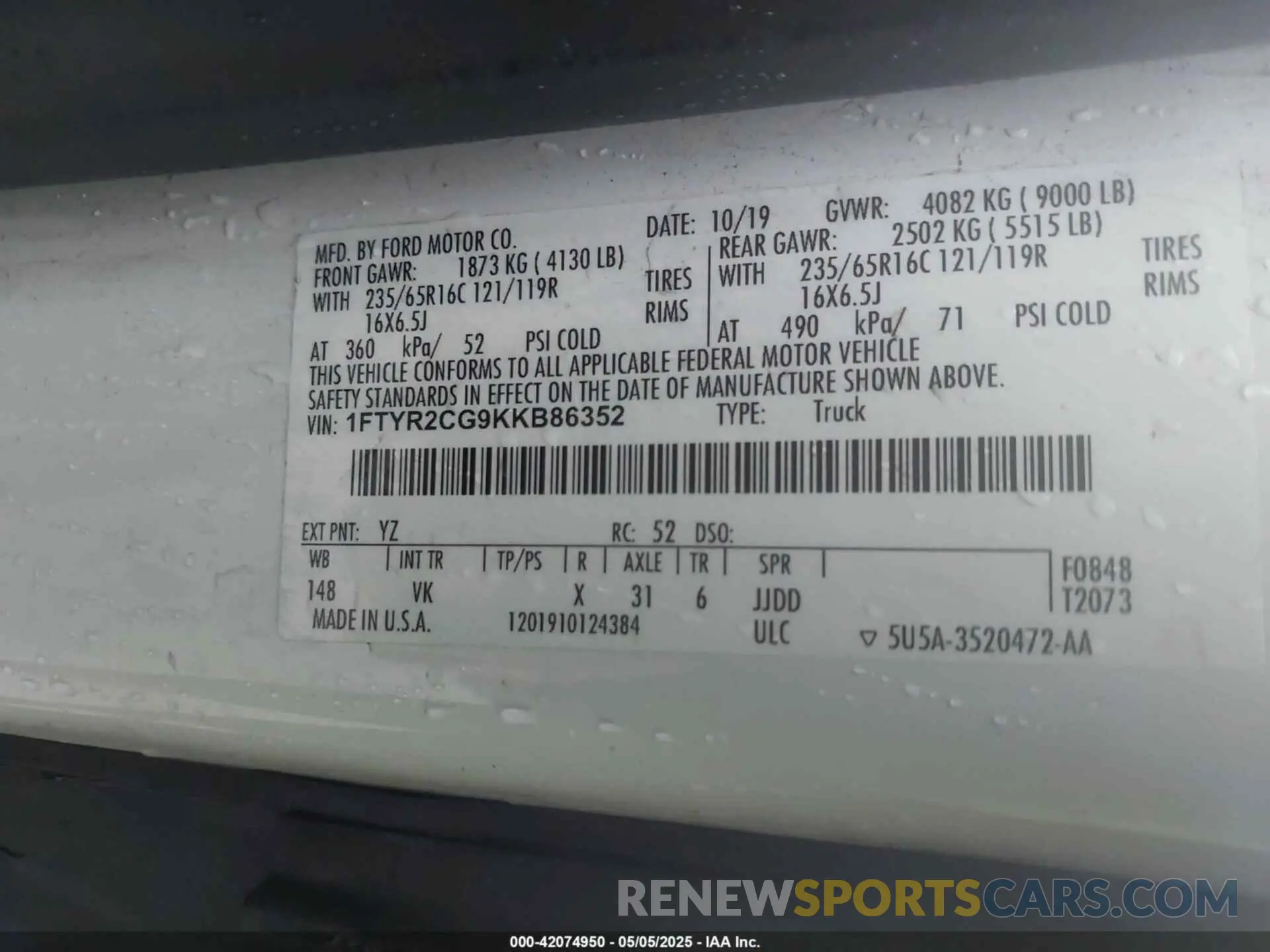 9 fotografías del automóvil dañado 1FTYR2CG9KKB86352 FORD TRANSIT-250 2019